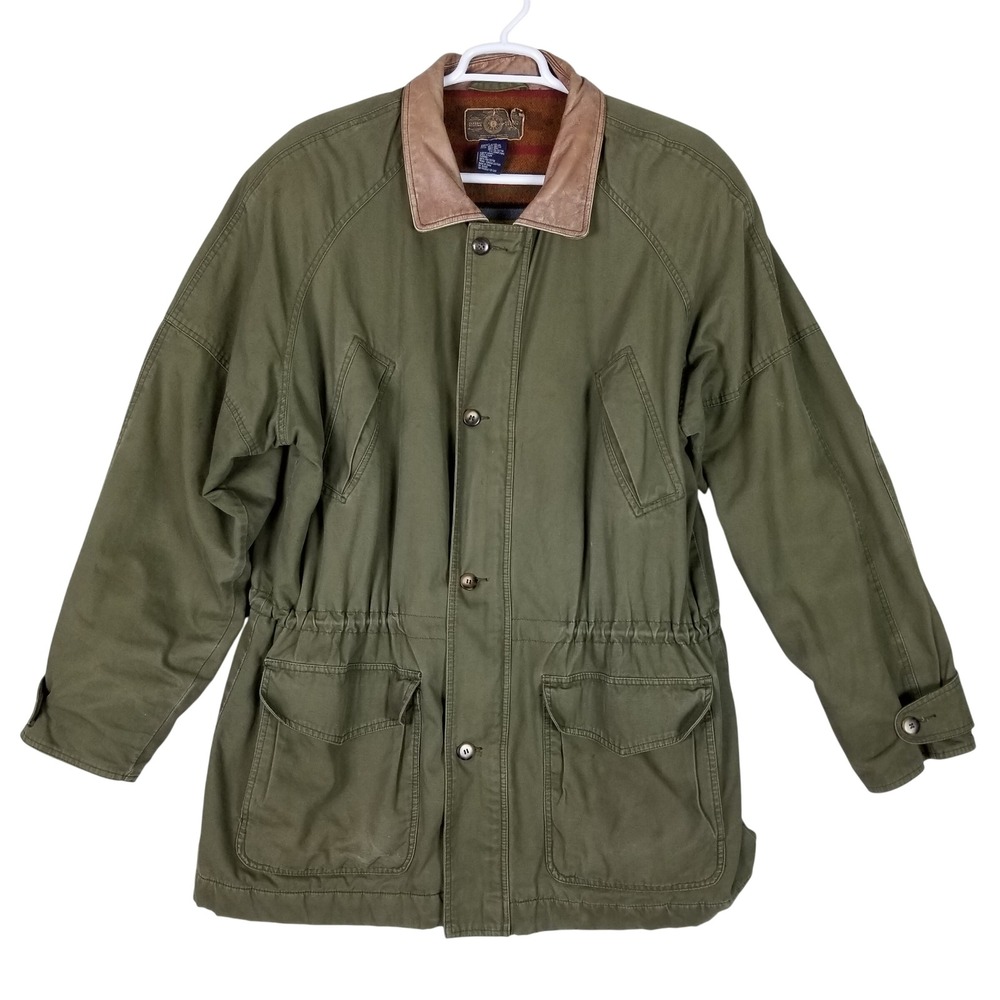 Gap Field Jacket Mens M Olive Green Vintage Leather Collar Wool Lined 99535-4206
